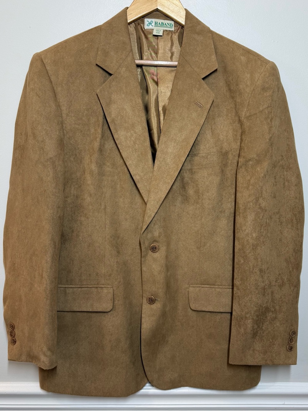 Vintage Haband Mens 40R Faux Suede Blazer Camel Tan 2 Button Sport Coat Jacket